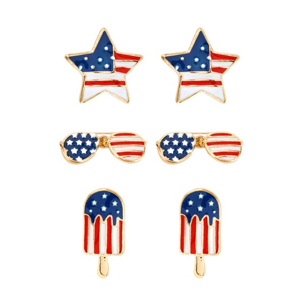 Set of Three American Flag Sunglasses, Star, and Popsicle Enamel Stud Earrings

- Approximately .5" Wide