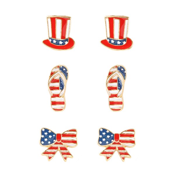 Set of Three American Flag Top Hat, Bow, and Flip Flops Enamel Stud Earrings

- Approximately .5" Wide