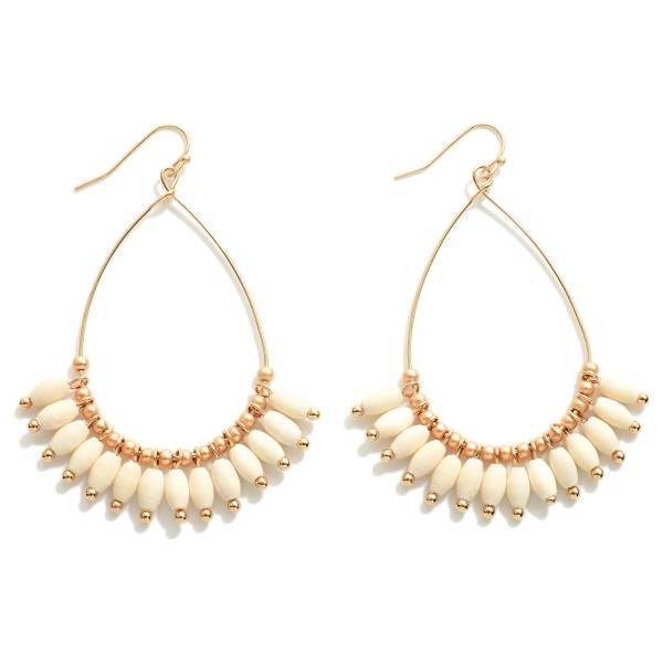 Wholesale teardrop earrings Ivory colored ellipsoid wood beads gold circular bea