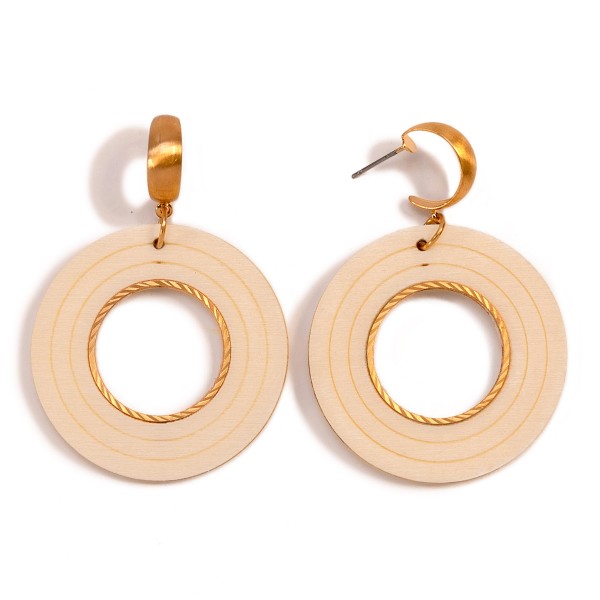 Gold Tone Hoop Earring With Wood Disc Drop

- Approximately 2.25" L