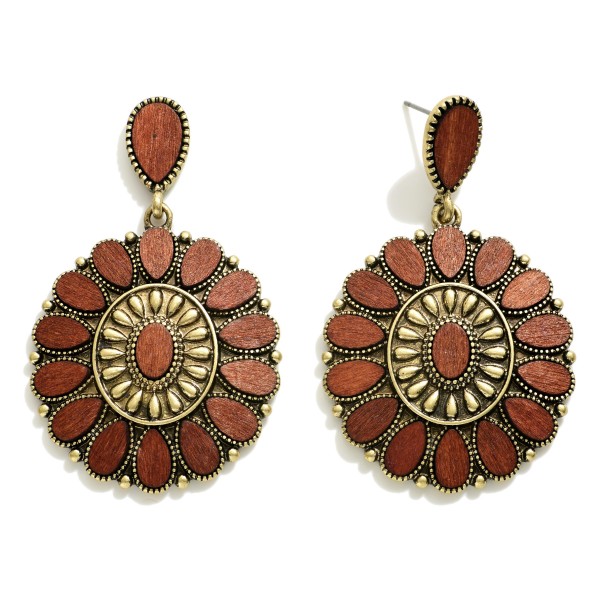 Wholesale western Teardrop earring Dark Brown Wood Gold Metal Accents long Circu