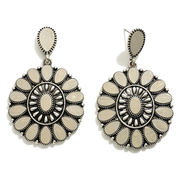 Wholesale western Teardrop earring Gray Wood Silver Metal Accents long Circular