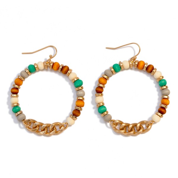 Gold Tone Wood Bead Hoop Drop Earrings With Chain Link Detail

- Approximately 2.5" Long