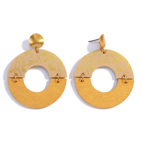 Gold Tone Metallic Filigree Print Leather and Wood Circle Drop Earrings

- Approximately 2.25" L
