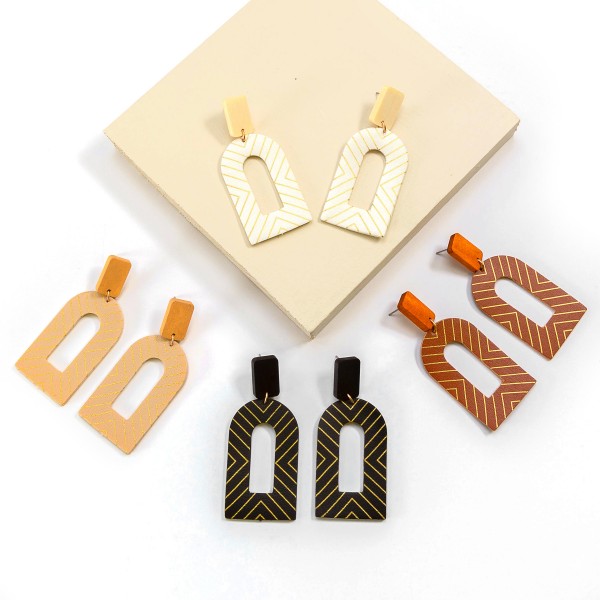 Metallic Chevron Print Leather Wood Post Drop Earring

- Approximately 2.75" L 