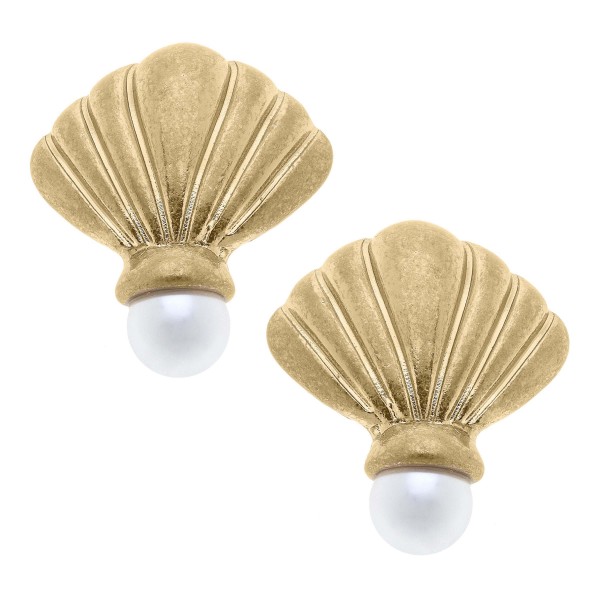 Scallop Shell And Pearl Stud Earrings 

- Approximately 1" L / W