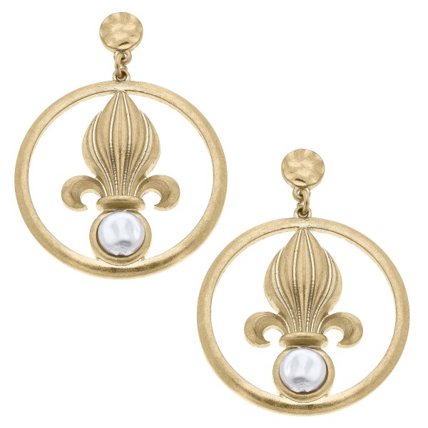 Fleur de Lis And Pearl Drop Earrings 

- Approximately 2" L 
- Approximately 1.5" Diameter 