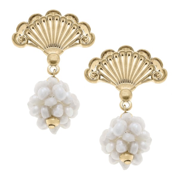 French Fan And Pearl Cluster Drop Earrings 

- Approximately 1.5" L