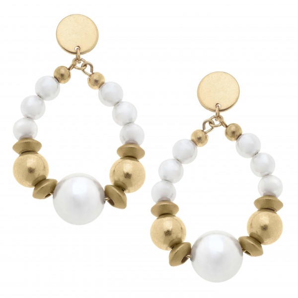 Teardrop Accent Earrings With Pearl And Gold Beading 

- Approximately 2.25" L
- Approximately 1.5" W