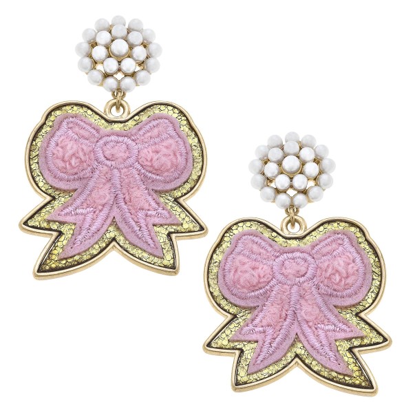 Cluster Pearl And Glitter Bow Patch Drop Earrings

- Approximately 2" L