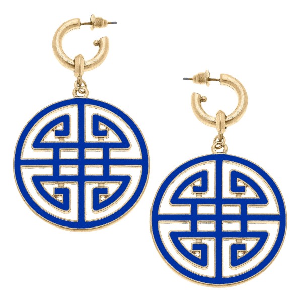 Wholesale camille Huggie Hoop Drop Earrings Large Enamel Greek Keys Charms Long