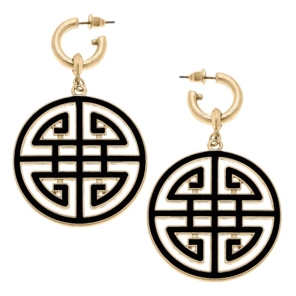 Wholesale camille Huggie Hoop Drop Earrings Large Enamel Greek Keys Charms Long