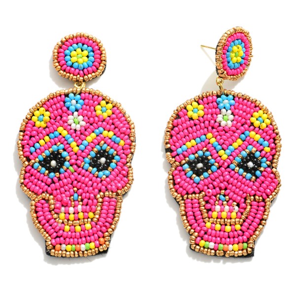 Sea Beaded Sugar Skull Drop Earrings 

- Approximately 3" L
- Approximately 1.25" W