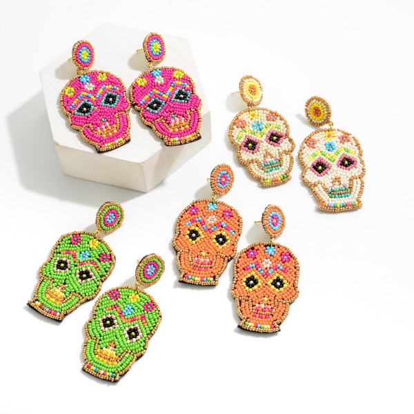 Sea Beaded Sugar Skull Drop Earrings 

- Approximately 3" L
- Approximately 1.25" W
