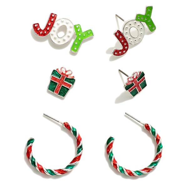 Wholesale set Three Christmas Earrings Joy Present Studs Twisted Metal Hoops W