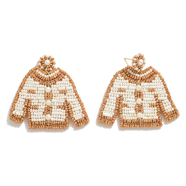 Seed Bead Cardigan Drop Earrings Featuring Pearl Button Accents.

- Approximately 2" L