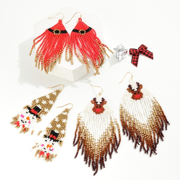 Seed Bead Santa Suit Tassel Drop Earrings.

- Approximately 4" L