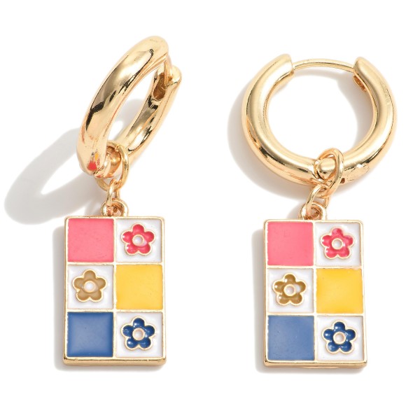 Huggie Hoop Earrings Featuring Enamel Checkered Flower Charms.

- Approximately 1.5" L