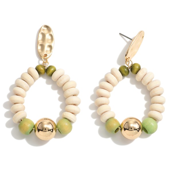 Wood Beaded Hoop Post Drop Earrings Featuring Gold Tone Accents.

- Approximately 2.5" L