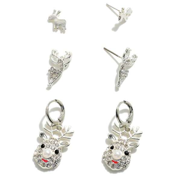 Wholesale set Three Silver Christmas Earrings Reindeer Studs Reindeer Huggie Hoo