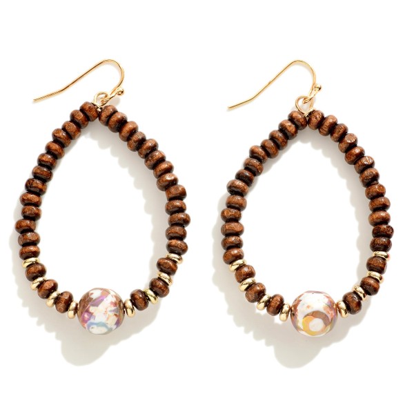 Wood Beaded Teardrop Earrings With Marbled  Accent Bead 

- Approximately 2" L

 