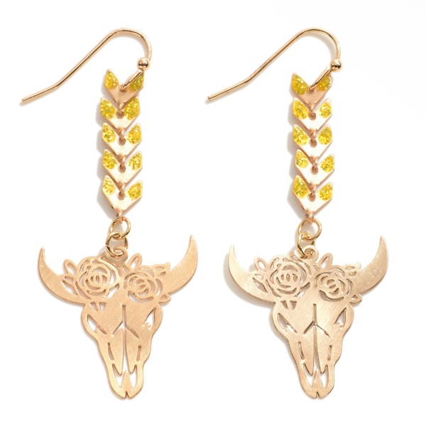 Linked Drop Earring Featuring Bull Bones With Flowers

- Approximately 2" L