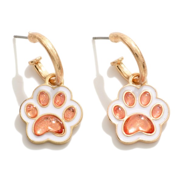 Gold Tone Drop Hoop Earring With Enamel And Glitter Resin Paw Print Charm 

- Approximately 1" L