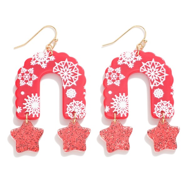 Acetate Snowflake Print Christmas Garland Arch Drop Earrings Featuring Glitter Star Accents.

- Approximately 2.5" L