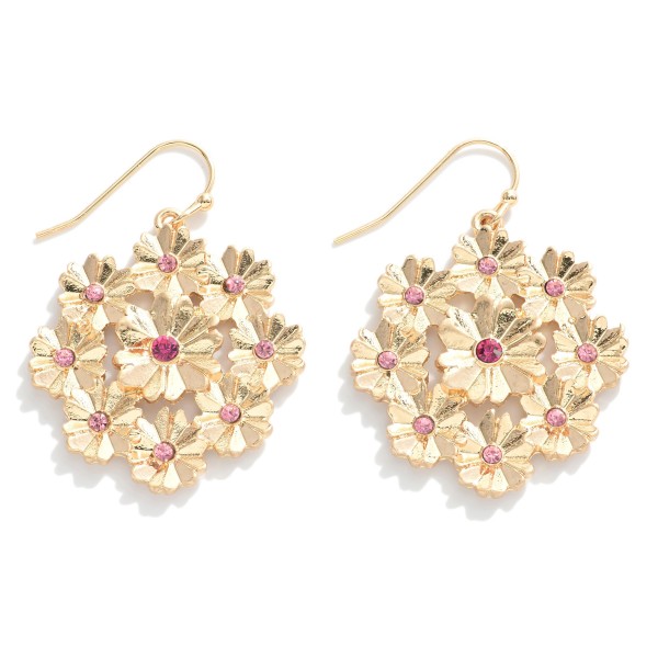 Gold Tone Flower Cluster Drop Earrings Featuring Rhinestone Accents.

- Approximately 1.5" L