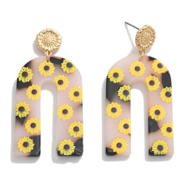 Acetate Sunflower Print Arch Drop Earrings Featuring Gold Tone Sunflower Stud Accents.

- Approximately 2" L