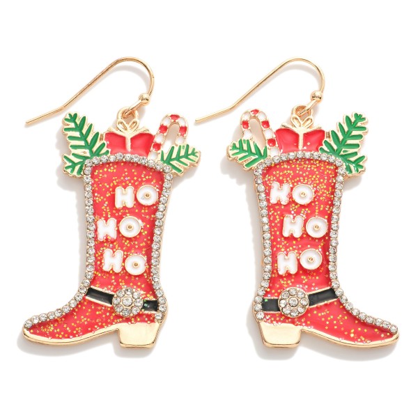 Wholesale rhinestone Glitter Enamel Cowboy Boot Christmas Stocking Drop Earrings