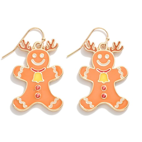 Metal and Enamel Gingerbread Man With Reindeer Antlers Drop Earrings.

- Approximately 1.5" L