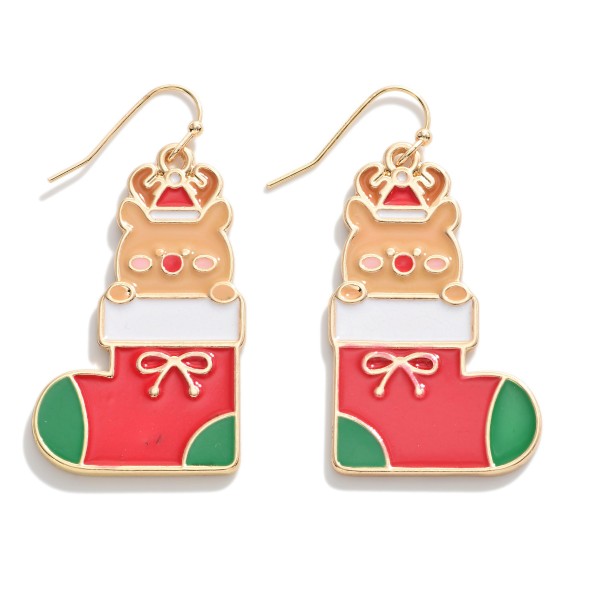 Wholesale gold Enamel Reindeer Christmas Stocking Drop Earrings L