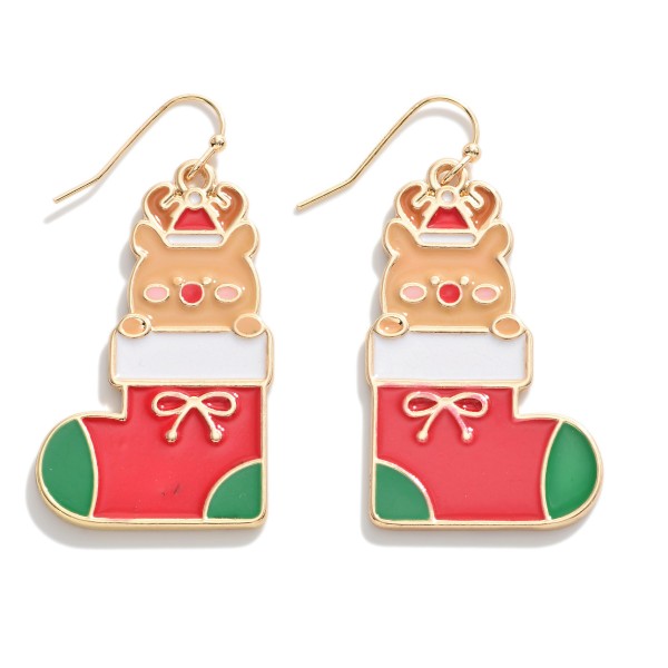 Gold Tone and Enamel Reindeer Christmas Stocking Drop Earrings.

- Approximately 2" L