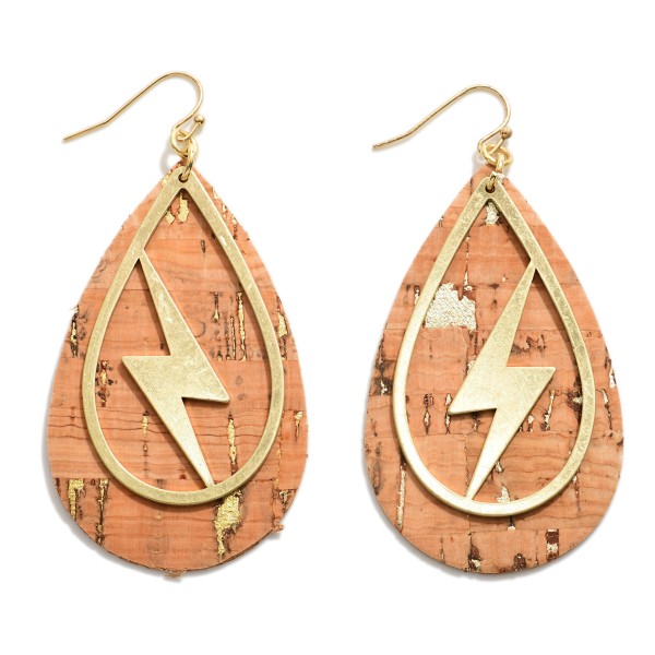 Cork and Gold Tone Lightning Bolt Teardrop Earrings.

- Approximately 3" L