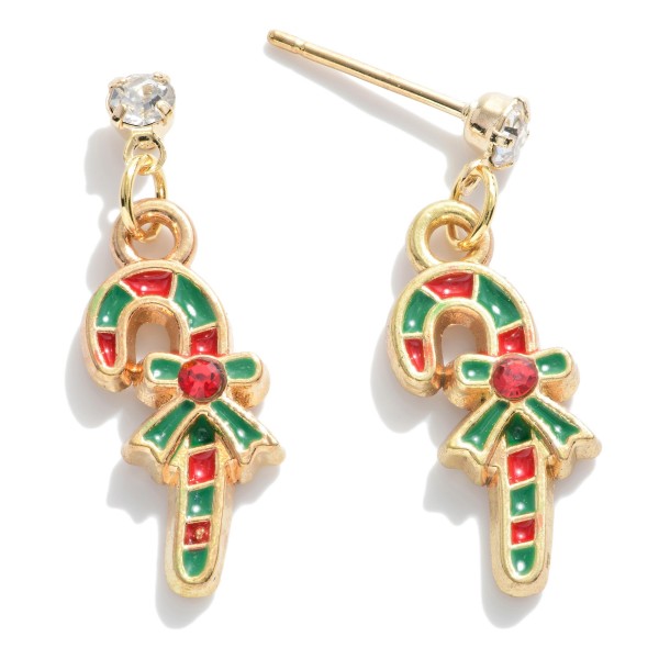 Dainty Enamel Candy Cane Drop Earrings Featuring Crystal Accents.

- Approximately 1" L

* Made in Korea