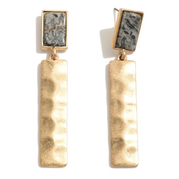 Stone Accented Drop Earring With Hammered Metal Detail 

- Approximately 2.25" L