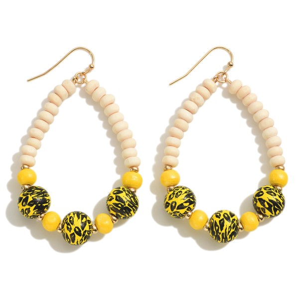 Wood Beaded Teardrop Earrings Featuring Animal Print Beads 

- Approximately 2" L 