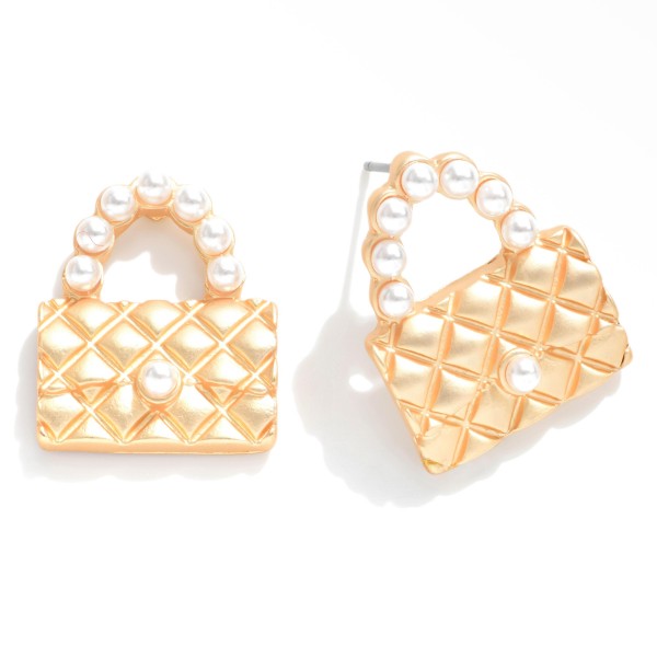 Wholesale gold Quilted Purse Stud Earrings Pearl Accents W