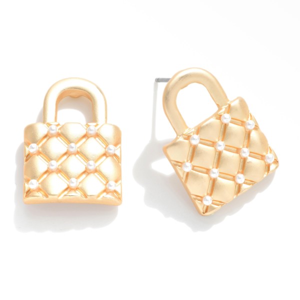 Gold Tone Quilted Purse Stud Earrings Featuring Pearl Accents.

- Approximately .75" W