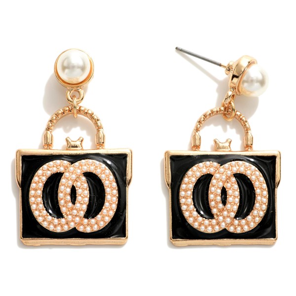 Wholesale double Circle Pearl Enamel Handbag Drop Earrings Pearl Stud Accents L