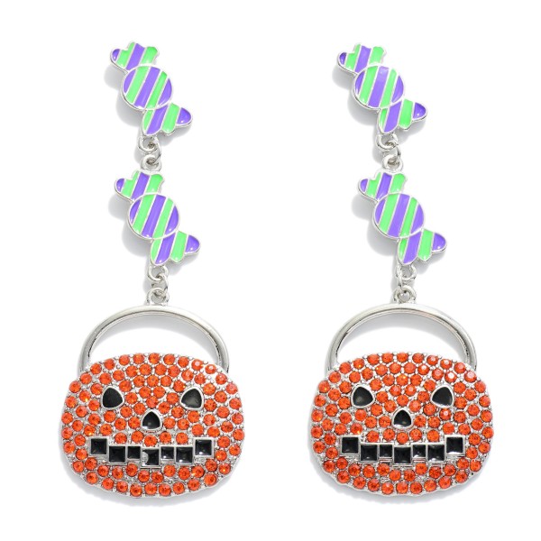 Enamel Candy and Rhinestone Jack-O-Lantern Drop Earrings.

- Approximately 3" L