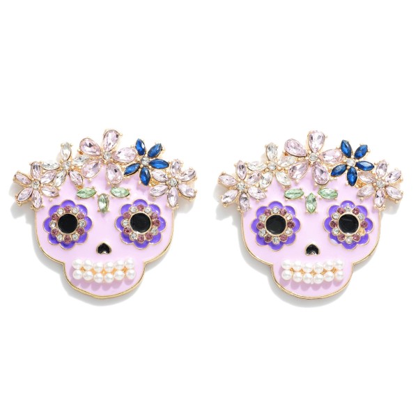 Wholesale enameled Sugar Skull Earring Stone Pearl Accent L