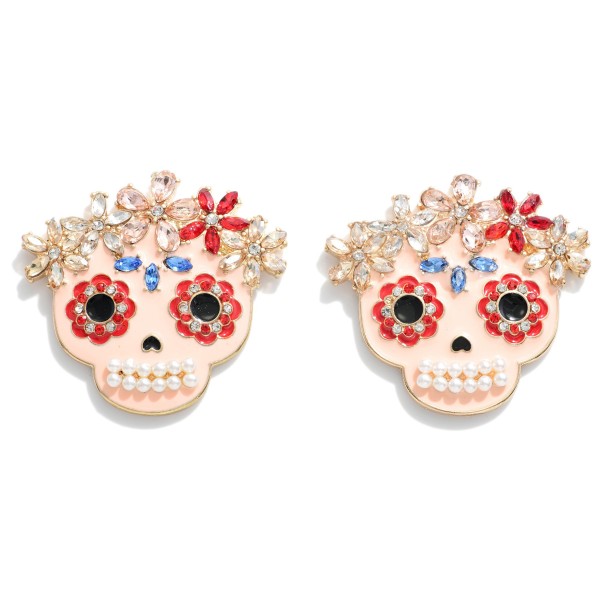 Enameled Sugar Skull Earring with Stone and Pearl Accent.

- Approximately 1.5" L