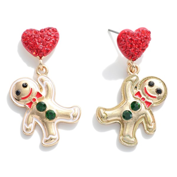 Metal Gingerbread Drop Earrings Featuring Rhinestone Heart Accents.

- Approximately 1.5" L