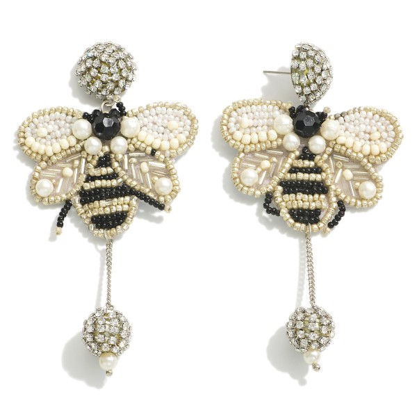 Statement Seed Bead and Pearl Bumble Bee Post Drop Earrings Featuring Chain Link and Rhinestone Cluster Accents.

- Approximately 4" L