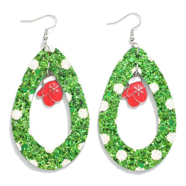 Long Glitter Christmas Teardrop Earrings Featuring Enamel Mitten Charms.

- Approximately 3.5" L