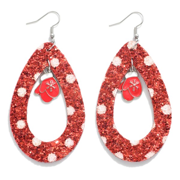 Long Glitter Christmas Teardrop Earrings Featuring Enamel Mitten Charms.

- Approximately 3.5" L