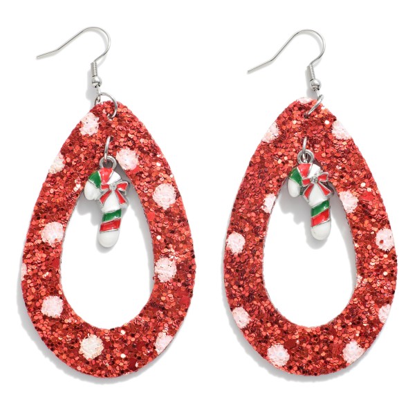 Long Glitter Christmas Teardrop Earrings Featuring Enamel Candy Cane Charms.

- Approximately 3.5" L