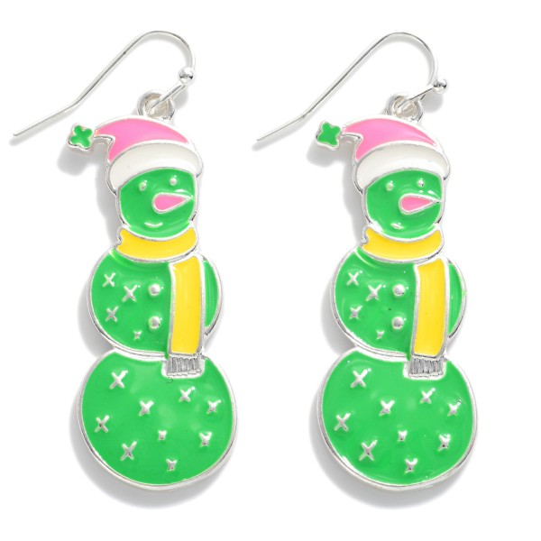 Enamel Drop Earrings Featuring Green Snowman With Hat

- Approximately 1.75" L